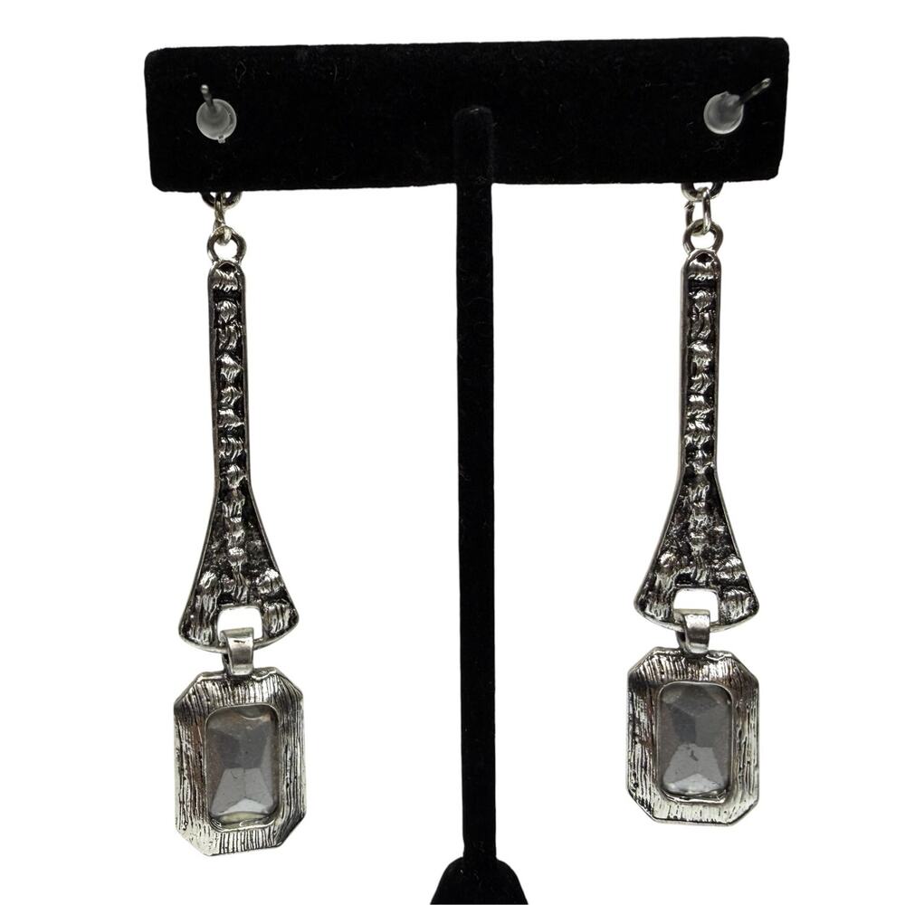 Art Deco Style Emerald Green Crystal Dangle Drop Earrings Silver Tone 3.5 in - Picture 5 of 6